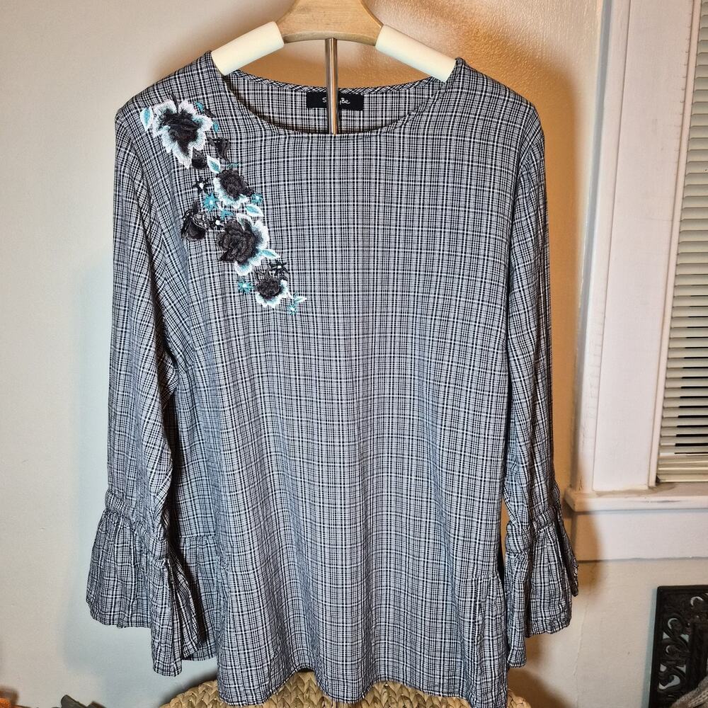 Simply Be Gingham‎ Ruffle Blouse Womens Sz 22 Floral Embroidery Elegant Feminine